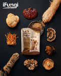 PetShrooms 7 bag with the seven dried mushrooms in the blend, flat lay