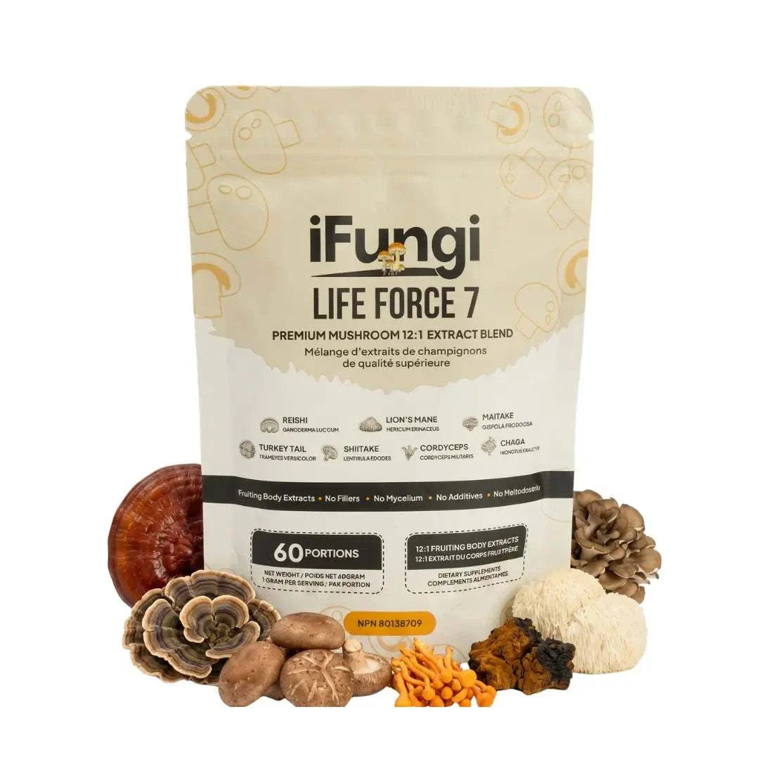 Life Force 7 mushroom powder with 7 functional mushroom extracts for natural energy, mental clarity, and immune support
