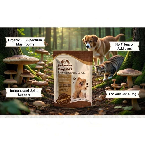 PetShroom 7 natural pet supplement mushroom powder for dogs and cats promoting vitality and wellness