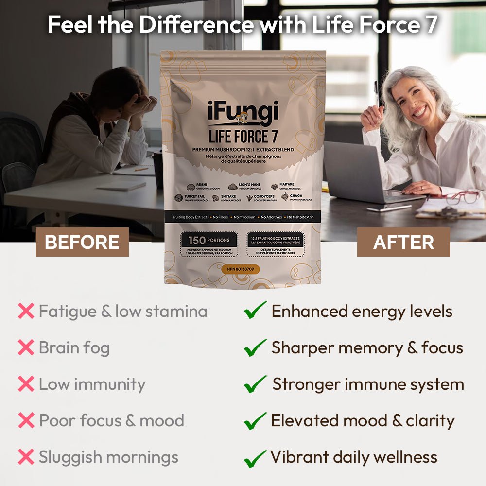 Life Force 7 - mushroom powder extract feel before and after