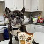 Dog with a bag of PetShrooms 7 and a food bowl