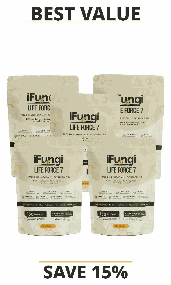 Life Force 7 premium natural mushroom powder with 7 mushroom extracts for focus, energy, and wellness