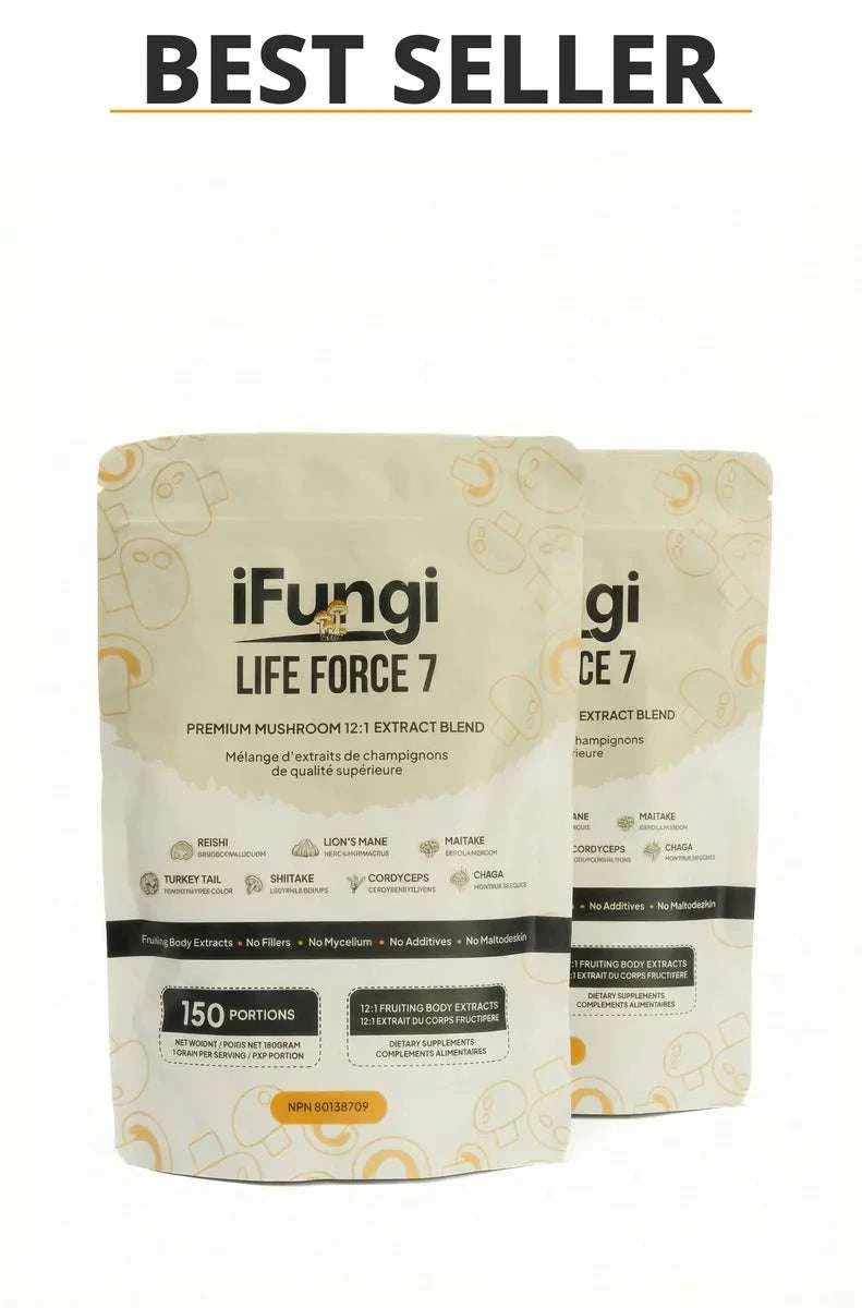 Life Force 7 natural mushroom powder with 7 functional mushroom extracts for focus, energy, and wellness