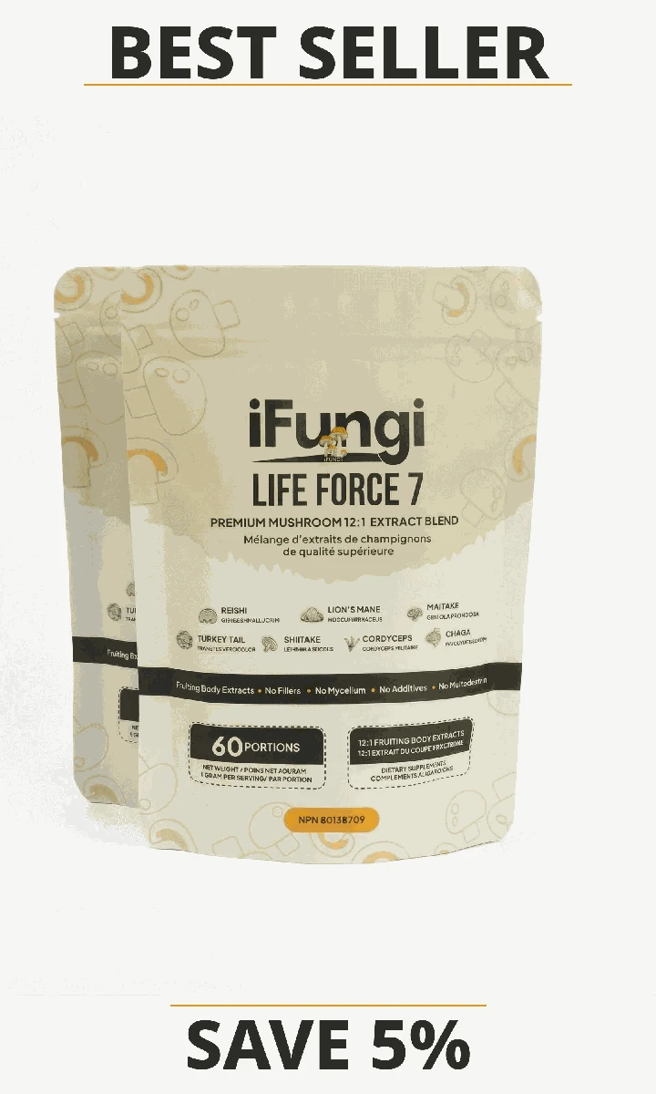Life Force 7 natural mushroom powder with 7 functional mushroom extracts for focus, energy, and immune support