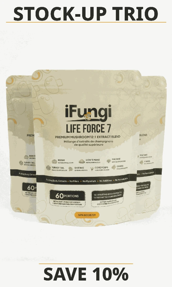 Life Force 7 natural mushroom powder with 7 functional mushroom extracts for focus, energy, and immune support