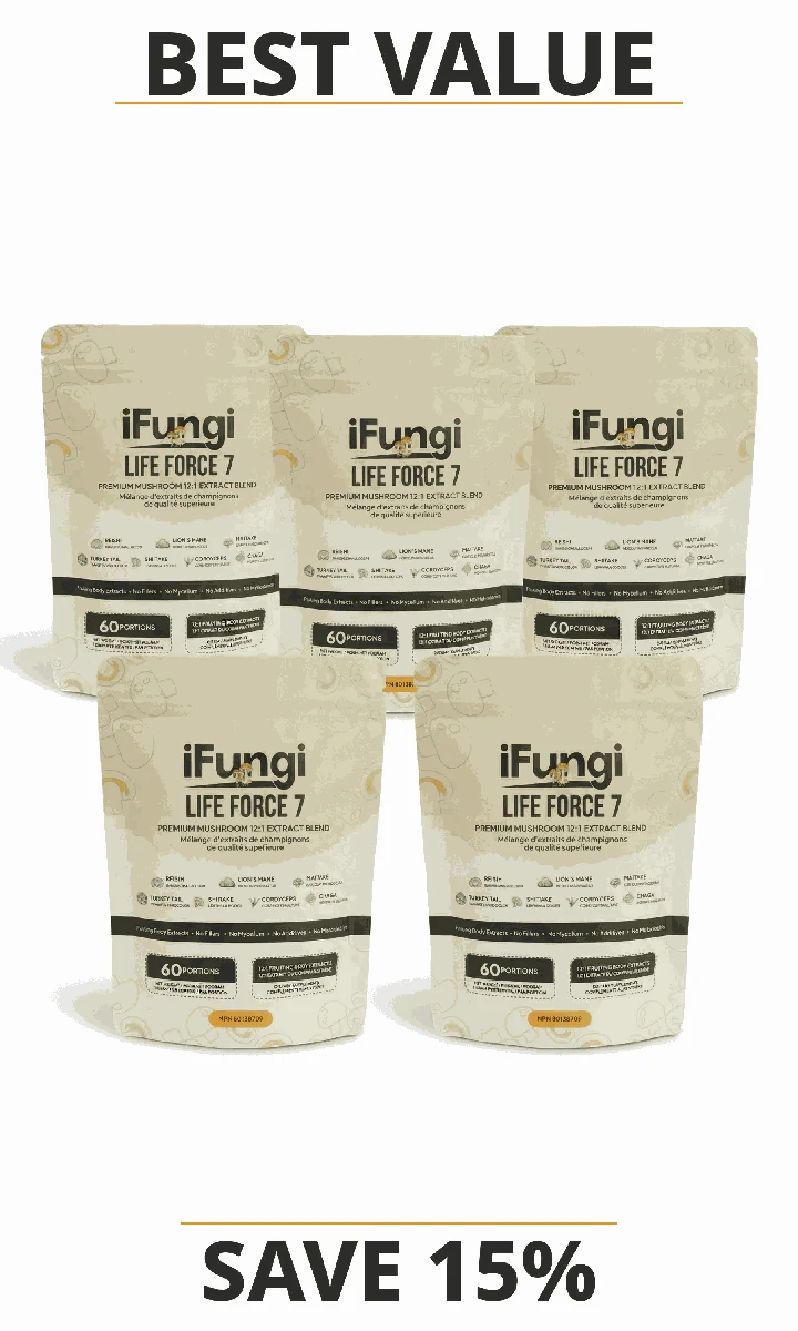 Life Force 7 natural mushroom powder with 7 functional mushroom extracts for focus, energy, and immunity support
