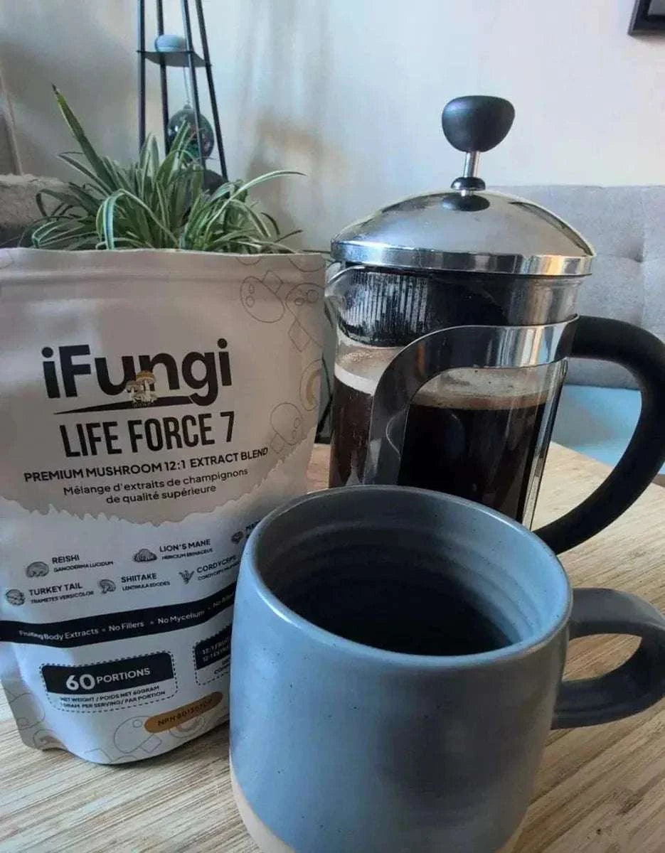 Life Force 7 premium natural mushroom powder with 7 mushroom extracts for focus, energy, and wellness