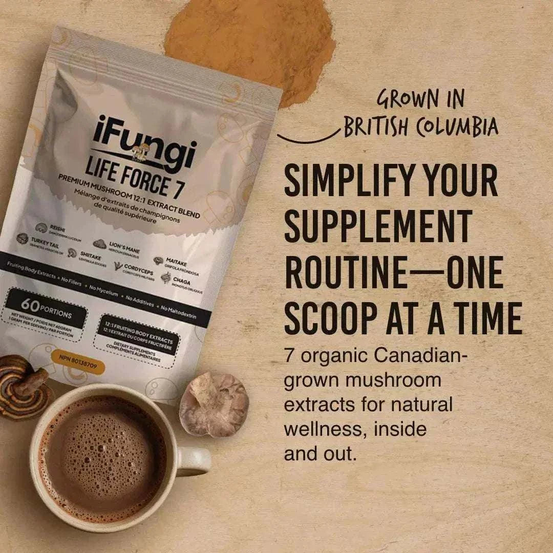 Life Force 7 natural mushroom powder with 7 functional mushroom extracts for focus, energy, and wellness