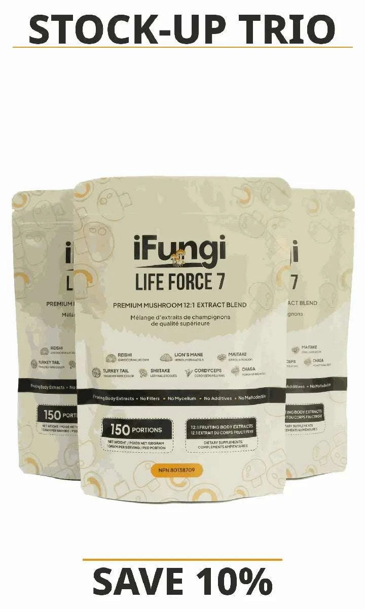 Life Force 7 natural mushroom powder made from 7 functional mushroom extracts for energy, focus, and immune support