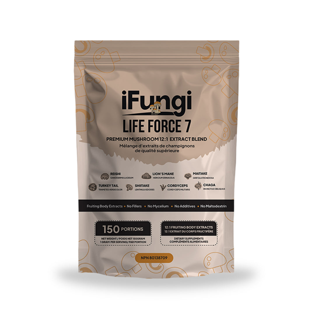 Life Force 7 premium mushroom 12:1 extract blend, 150 g bag, front of pack